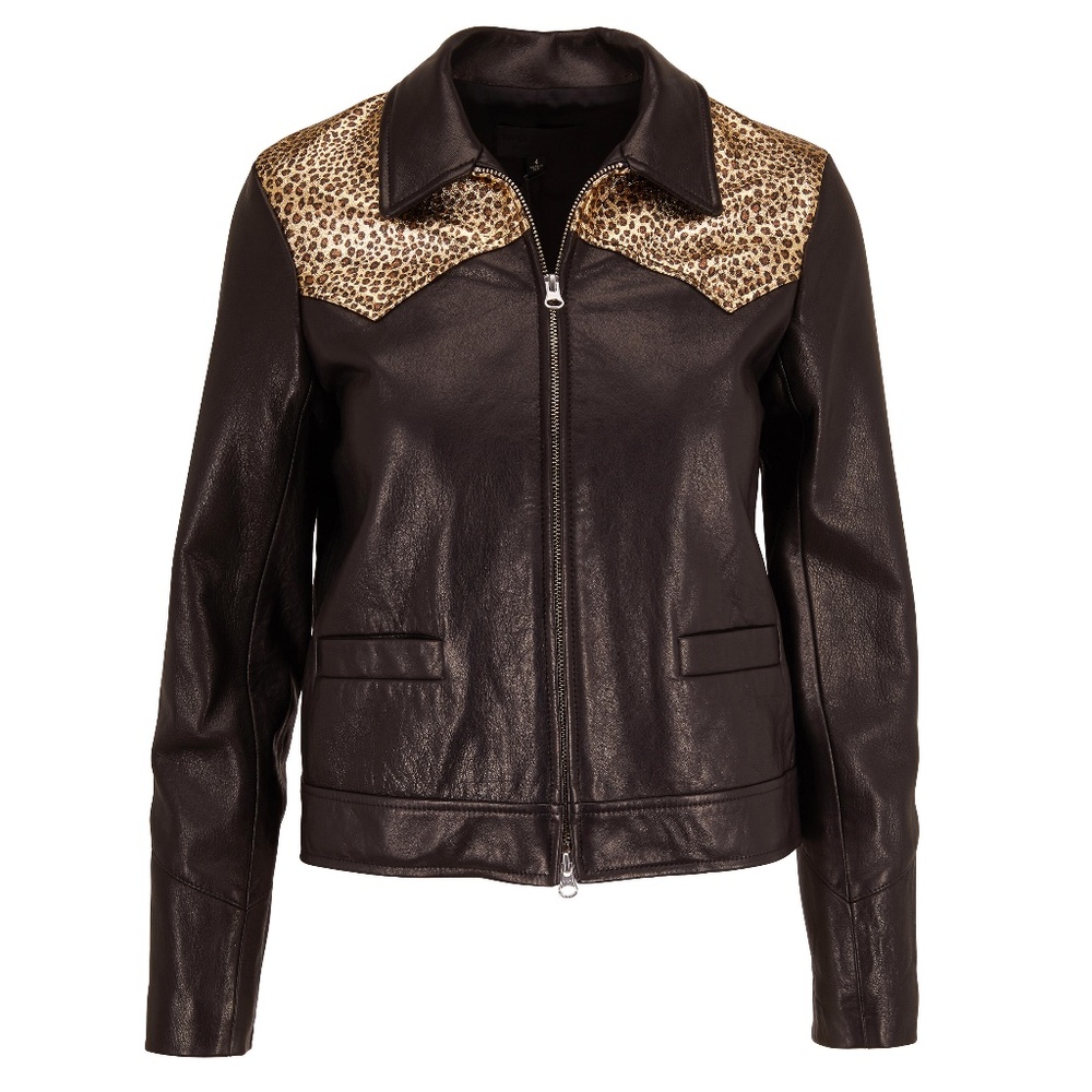 NILI LOTAN Jaley Black & Gold Leopard Print Leather Jacket